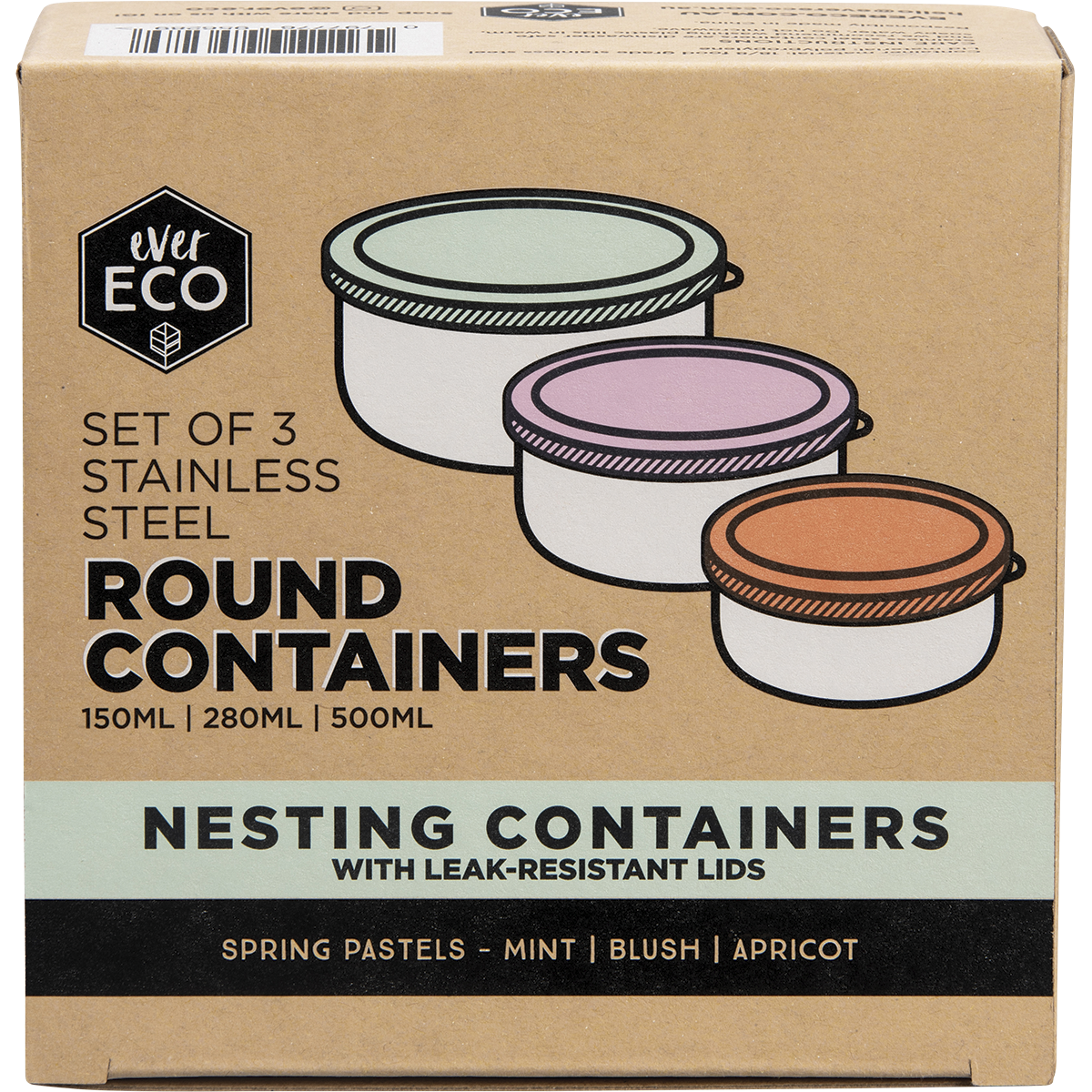 Ever Eco - Stainless Steel Round Nesting Containers Spring Pastels 3pk