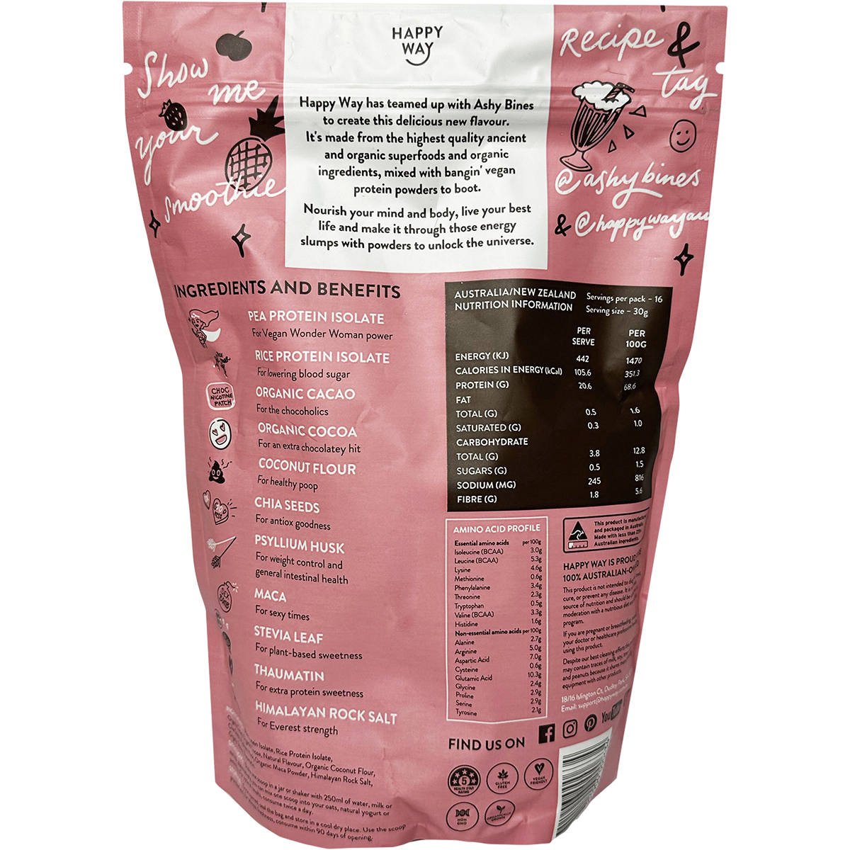 Happy Way - Ashy Bines Vegan Protein Powder Triple Choc Fudge 500g 500g