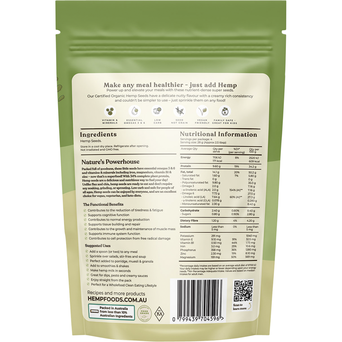 Hemp Foods Australia - Organic Hemp Seeds Hulled 114g
