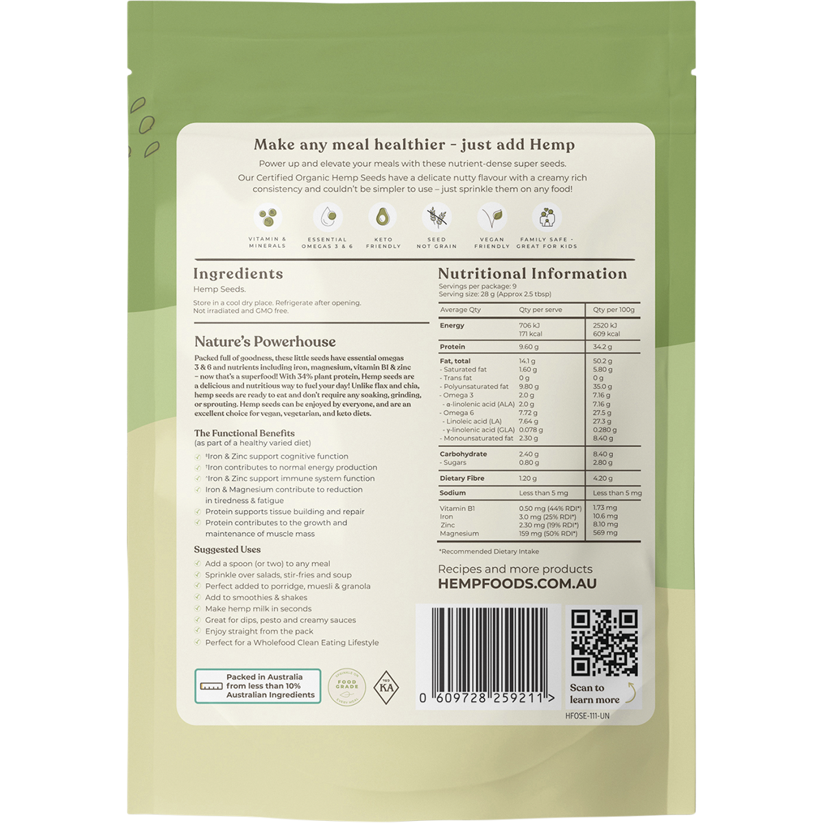 Hemp Foods Australia - Organic Hemp Seeds Hulled 250g