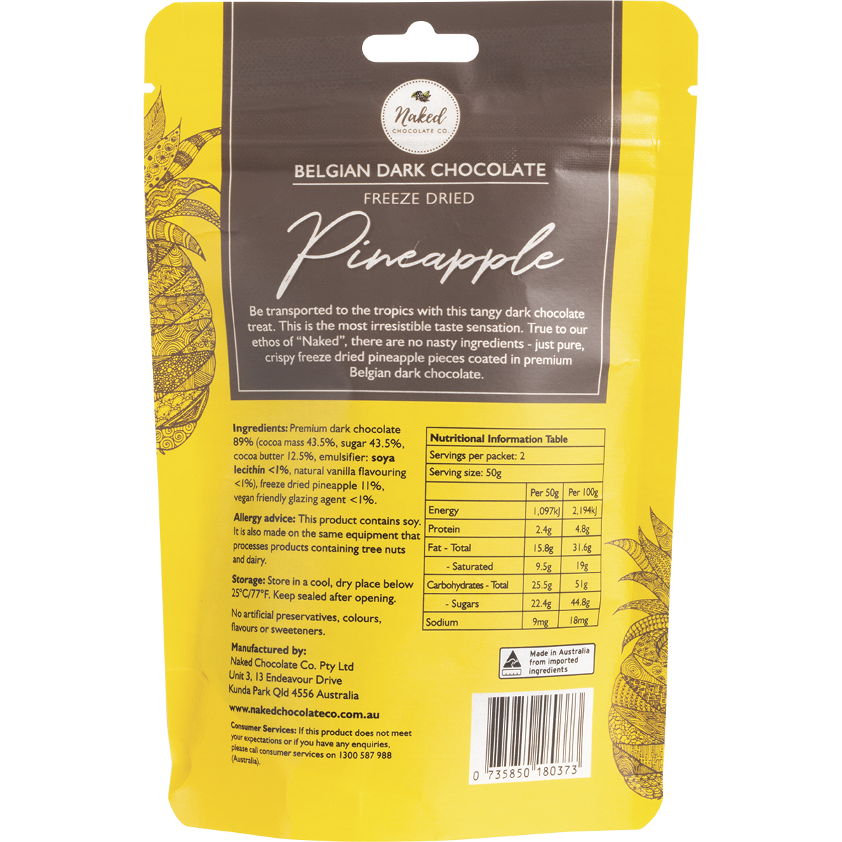 Naked Chocolate Co - Freeze Dried Pineapple Dark Chocolate 100g