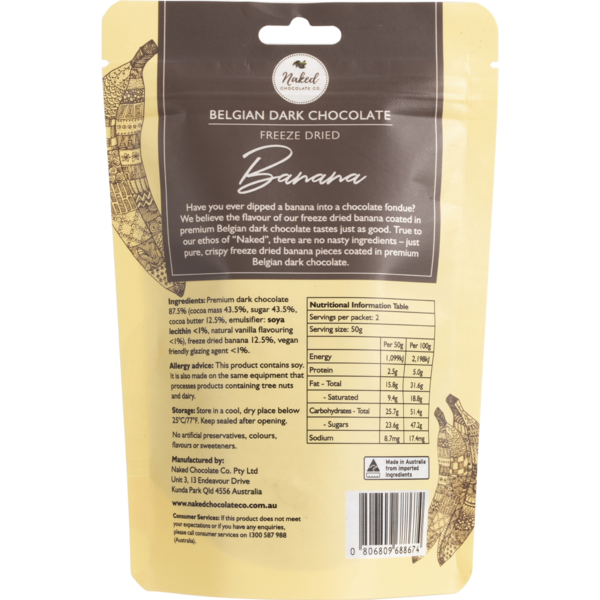 Naked Chocolate Co - Freeze Dried Banana Dark Chocolate 100g