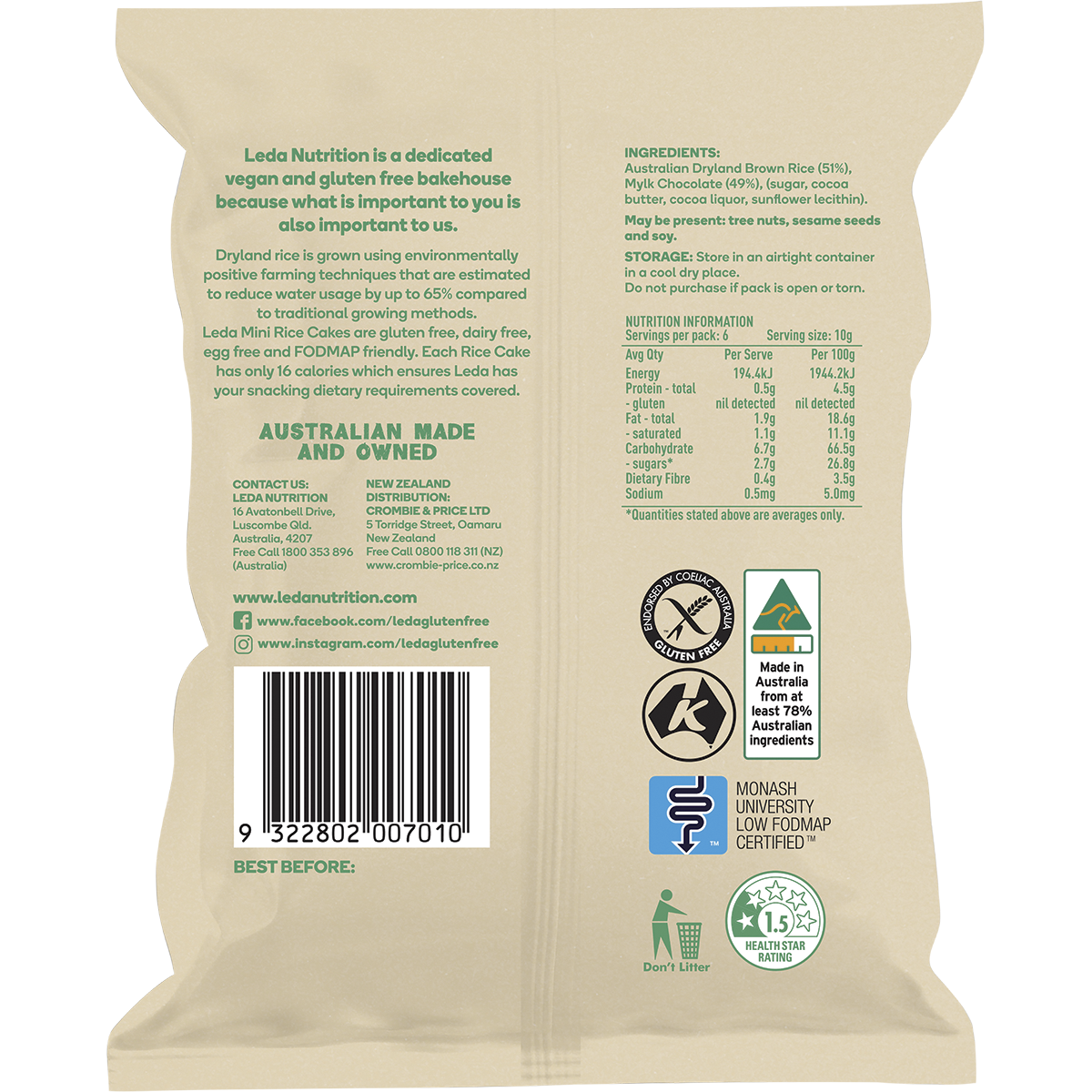 Leda - Mini Rice Cakes Mylk Chocolate 60g