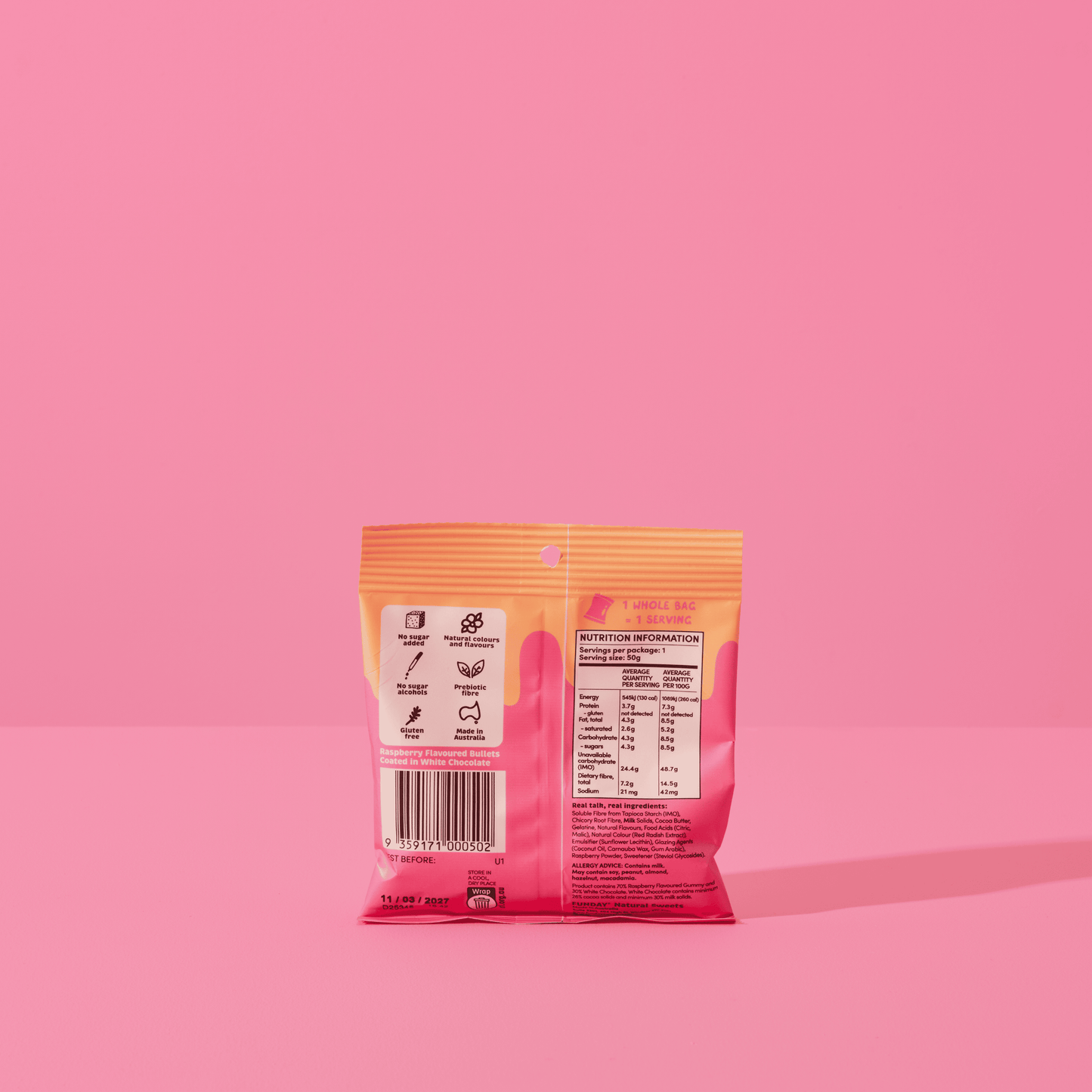 Funday Natural Sweets - White Chocolate Raspberry Bullets 50g