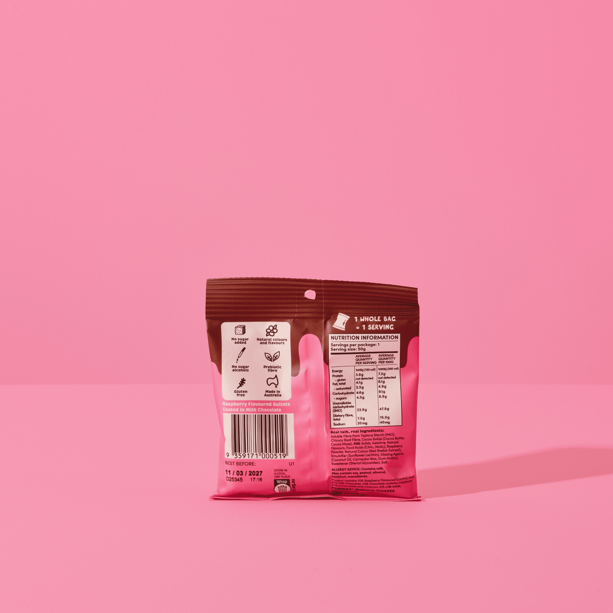 Funday Natural Sweets - Milk Chocolate Raspberry Bullets 50g