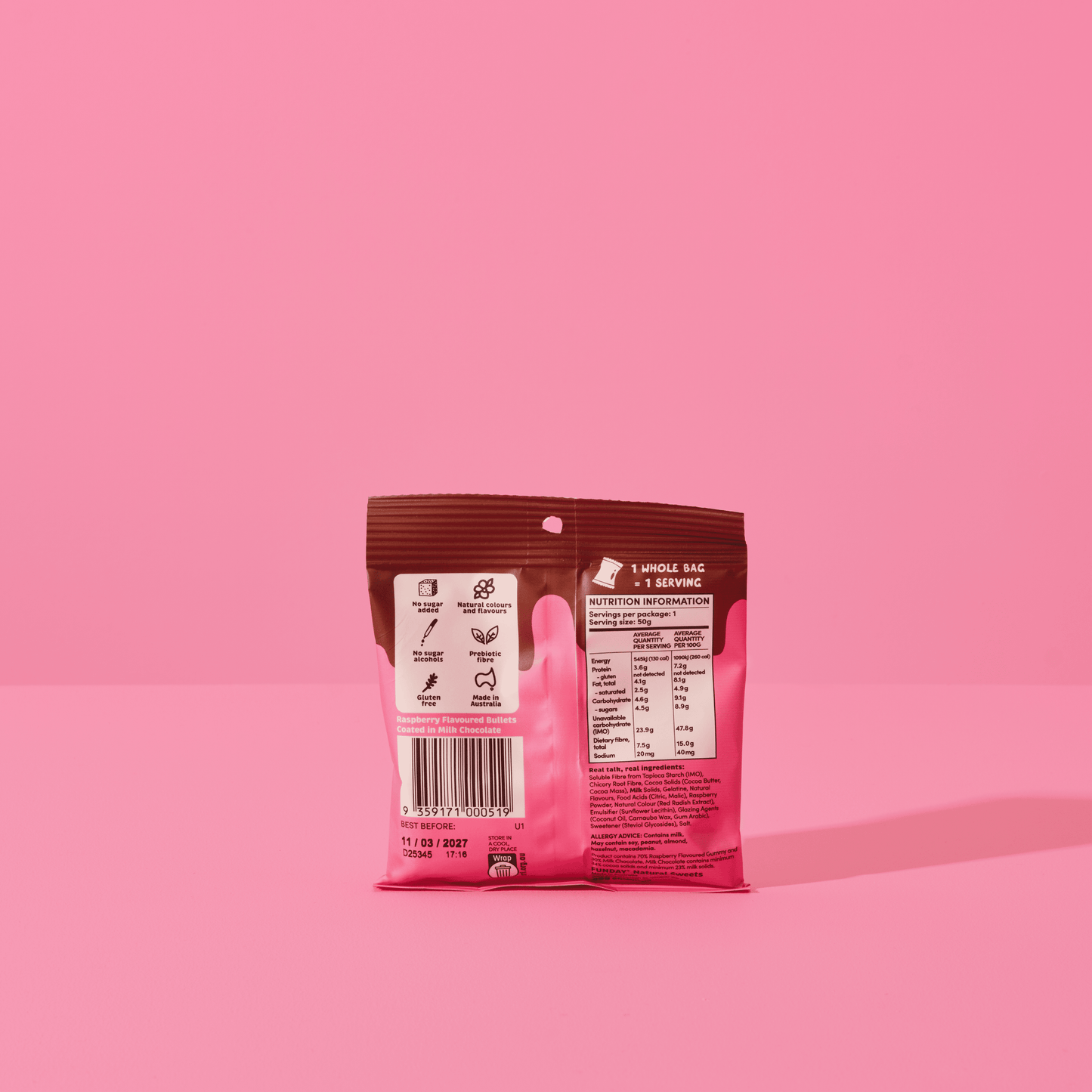Funday Natural Sweets - Milk Chocolate Raspberry Bullets 50g
