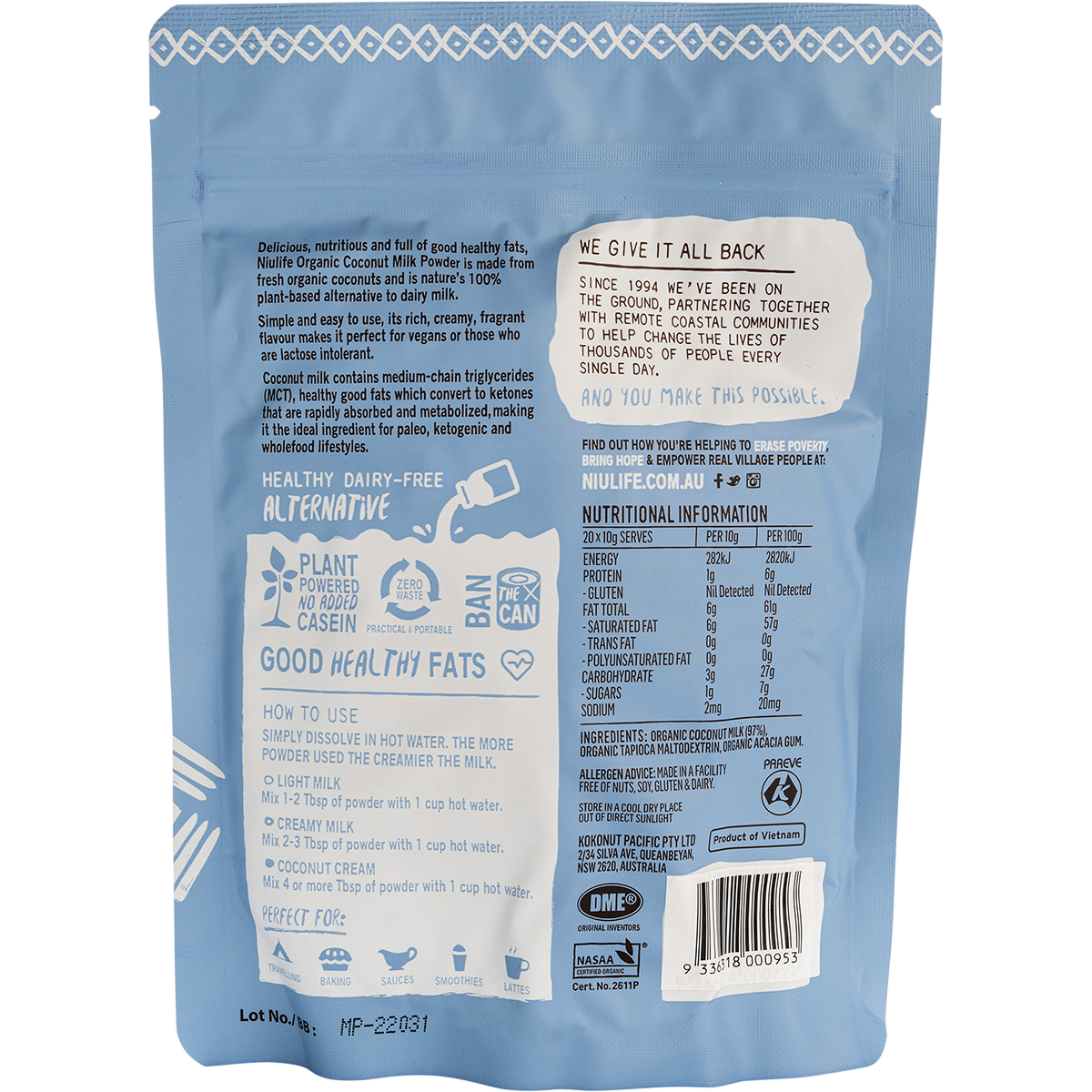 Niulife - Coconut Milk Powder Makes Up To 2 Litres 200g