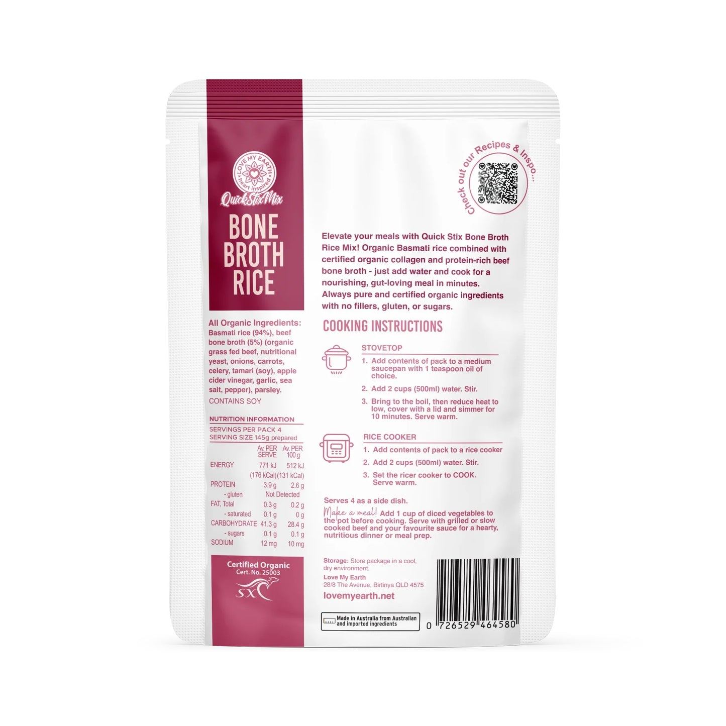 Love My Earth - Quick Stix Mix Organic Bone Broth Rice Beef 200g