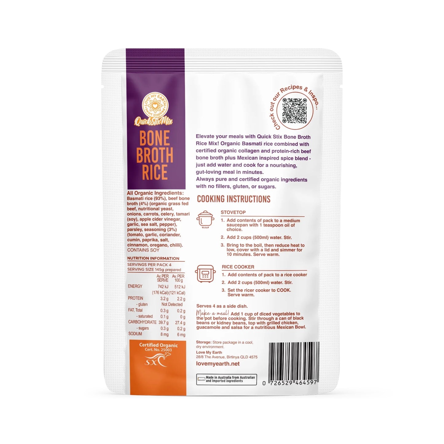 Love My Earth - Quick Stix Mix Organic Bone Broth Rice Mexican 200g