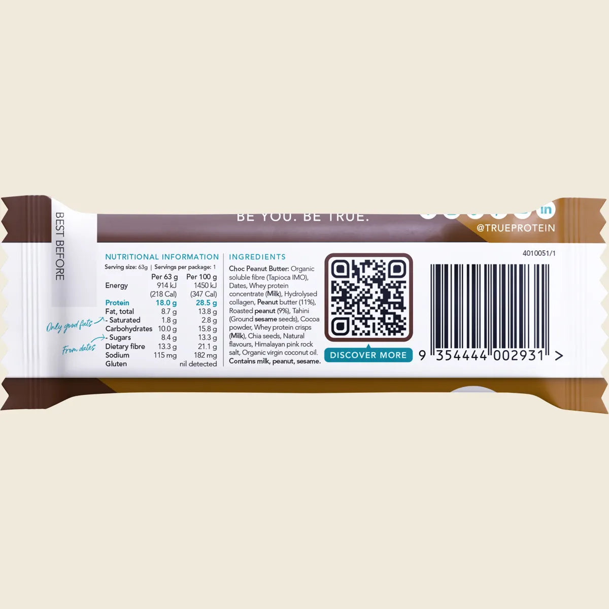 True Protein - Protein Bar Choc Peanut Butter 63g