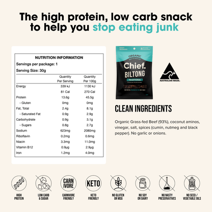 Chief Nutrition - Grass Fed Biltong - Traditional Beef 30g