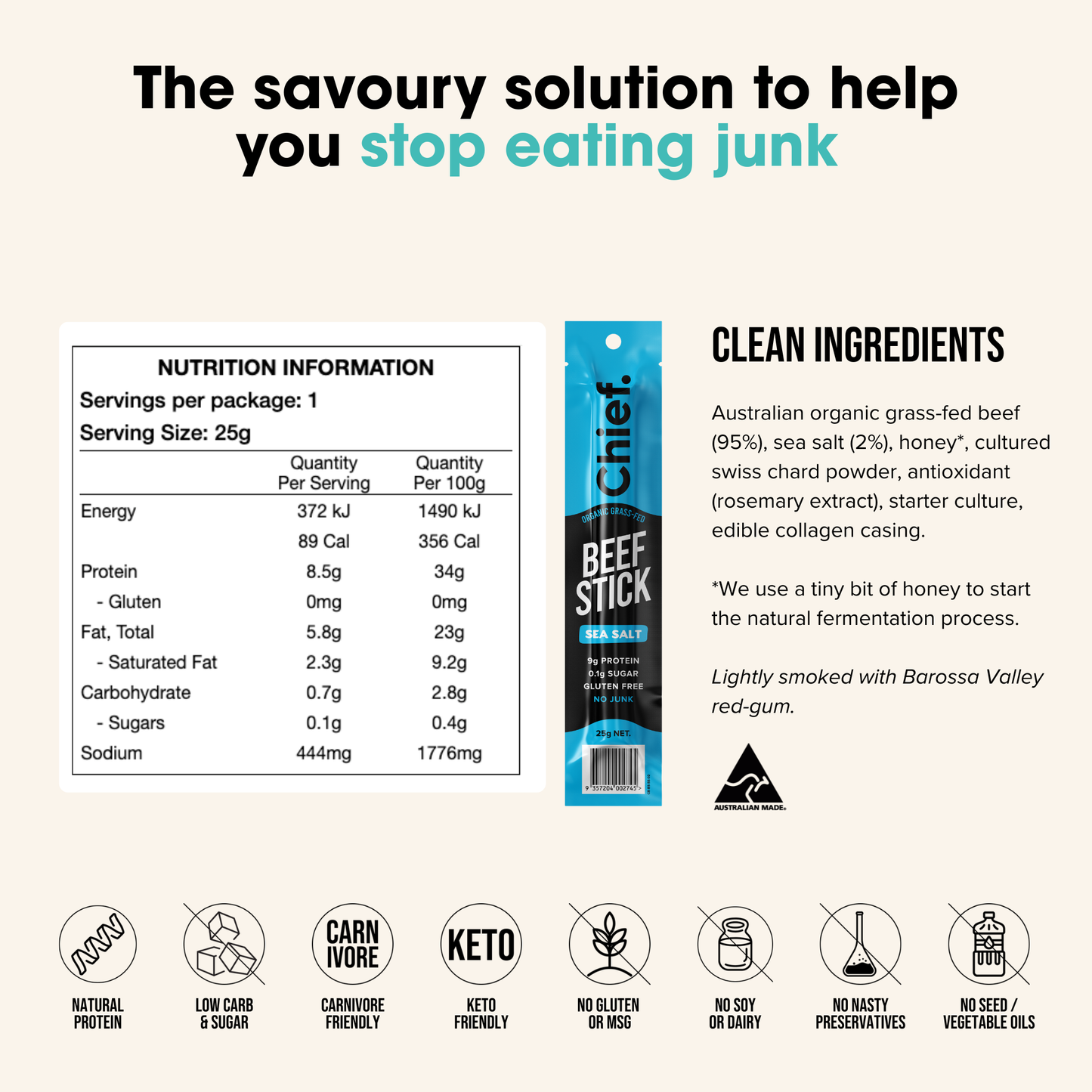 Chief Nutrition - Grass Fed Beef Stick - Sea Salt 25g