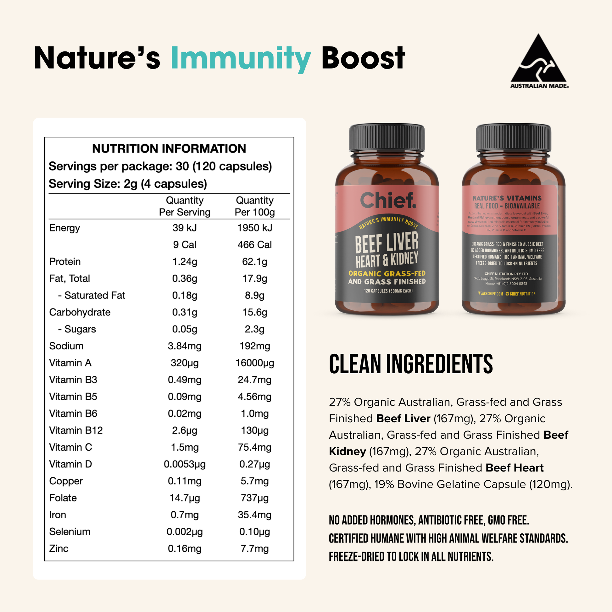Chief Nutrition - Organic Beef Liver Heart & Kidney 120 Capsules