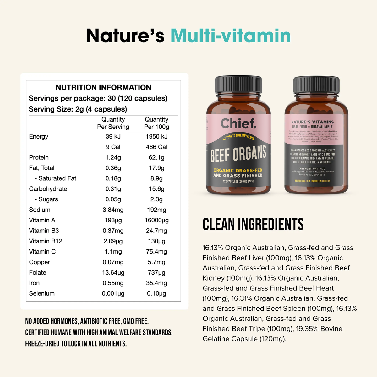 Chief Nutrition - Organic Beef Offal Multivitamin 120 Capsules