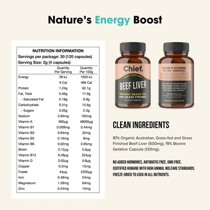 Chief Nutrition - Organic Beef Liver 120 Capsules