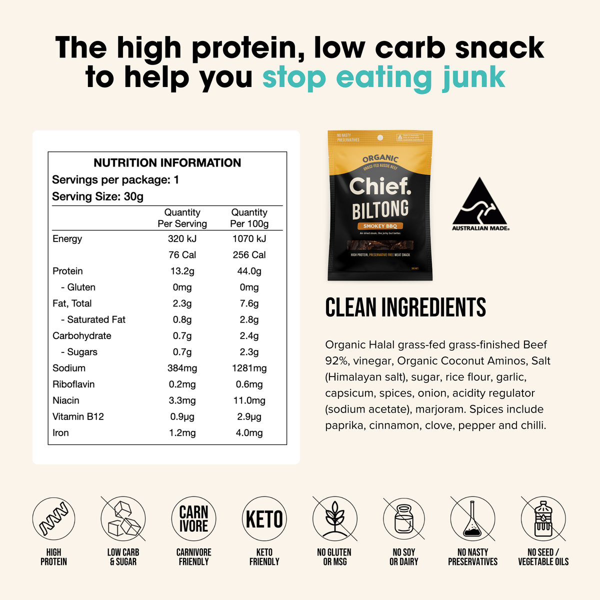 Chief Nutrition - Grass Fed Biltong - Smokey BBQ 30g