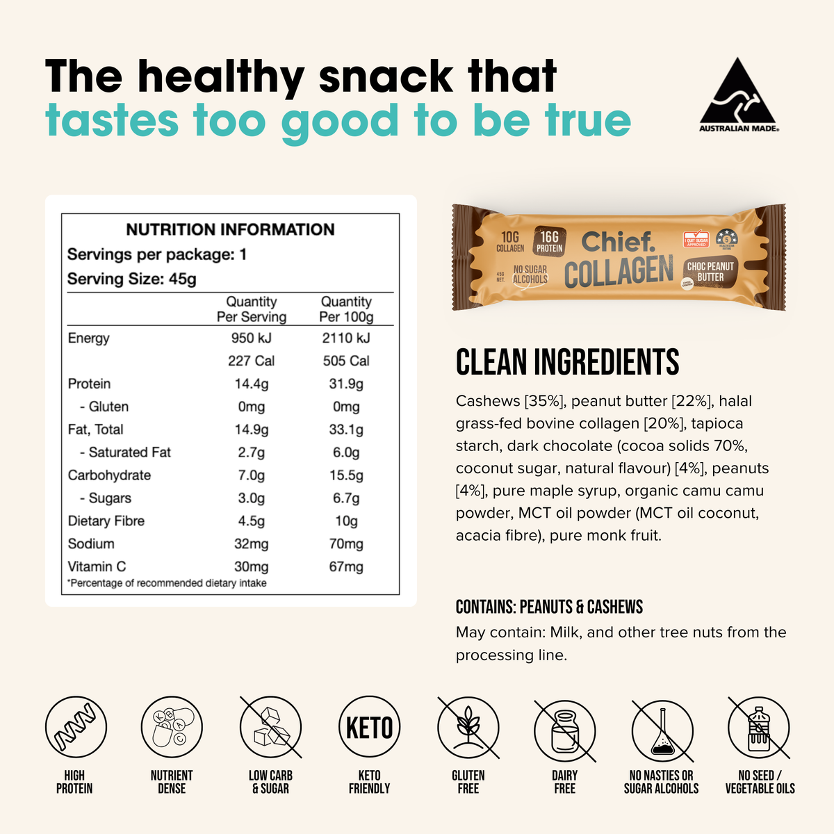 Chief Nutrition - Choc Peanut Butter Collagen Bar 45g
