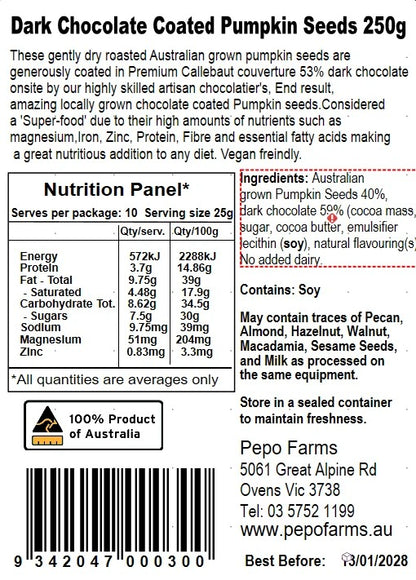 Australian Pumpkin Seeds - Dark Chocolate Pumpkin Seeds 250g