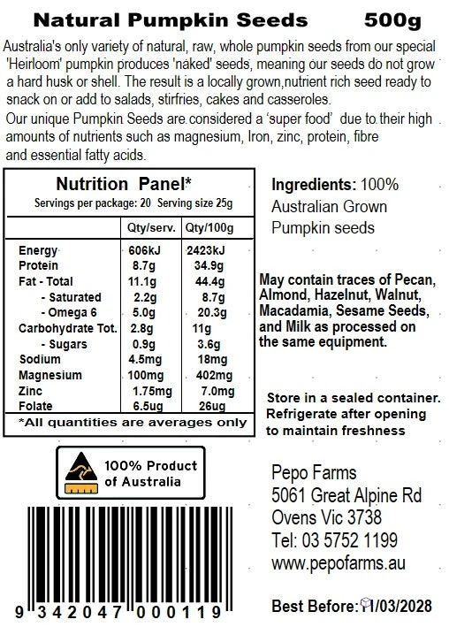 Australian Pumpkin Seeds - Natural Pumpkin Seeds 250g